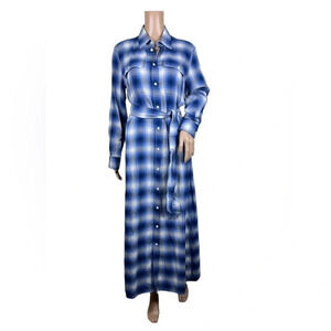 Polo RALPH LAUREN Womens Maxi Dress Size 2 Blue Plaid FLANNEL Belt Tie